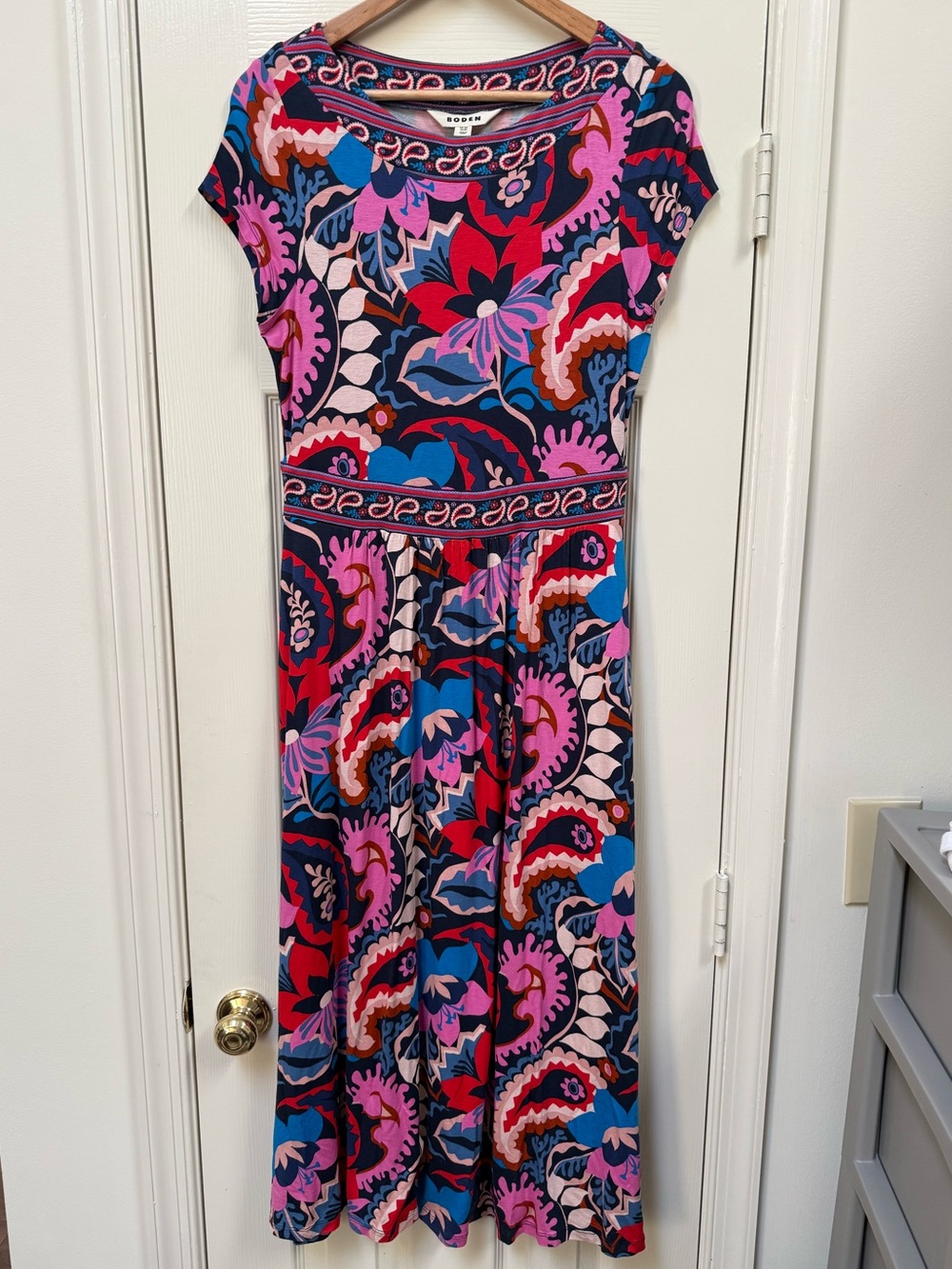 Boden Melanie Jersey Midi Dress Cinched Waist Vibrant Colors Breathable US Sz 8